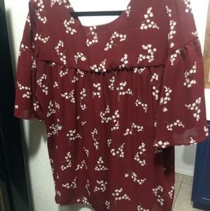 Loft Outlet Burgundy Floral Blouse with Bow Detail